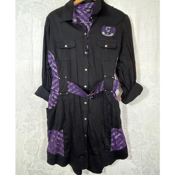 Coogi Shirt Dress 2X Black Purple Silver Belted Studded Logo Smocked Waist Y2K - Picture 1 of 16